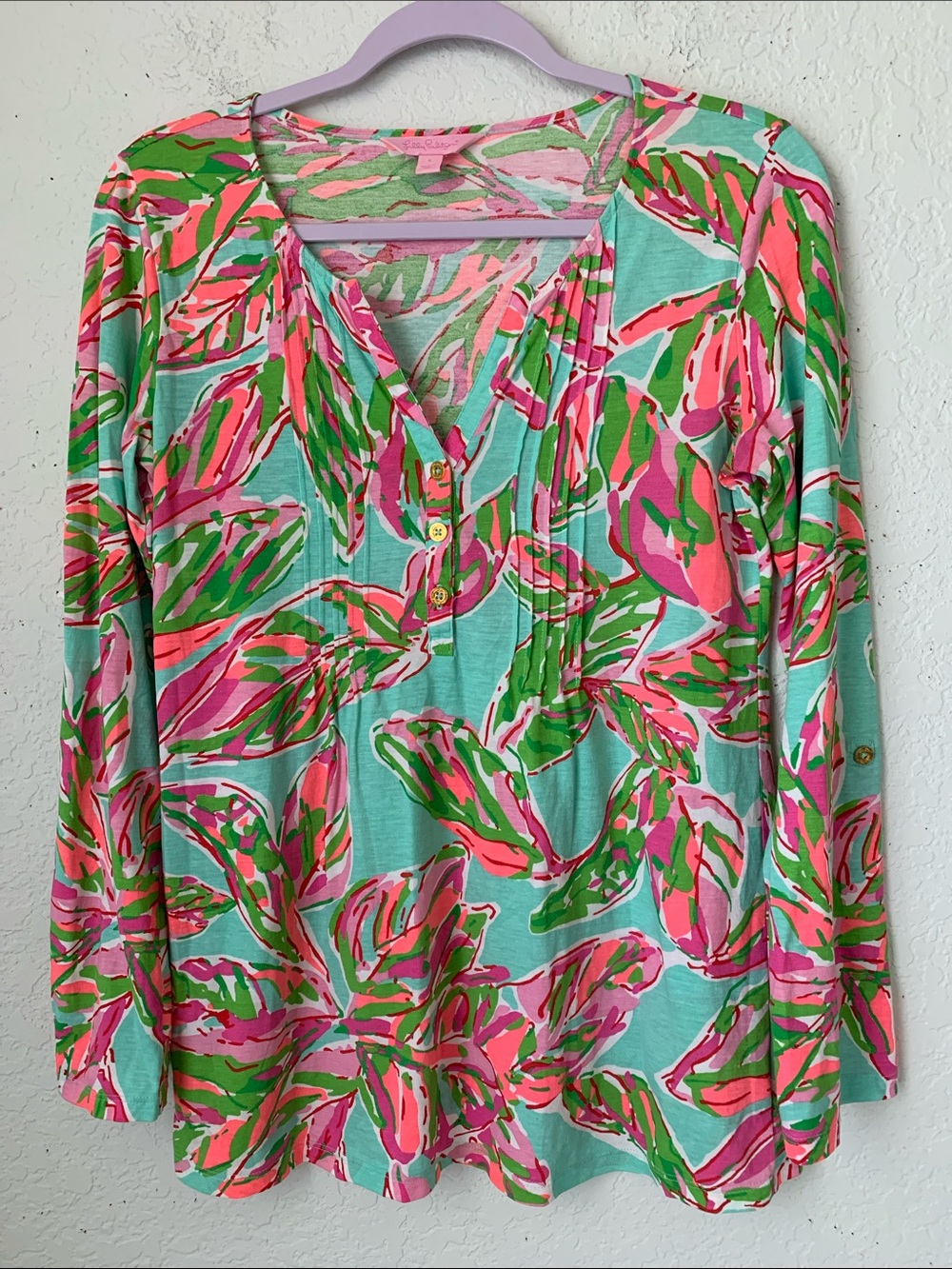 Lilly Pulitzer Pink, Mint & Coral Tropical Print Lightweight Top Size S